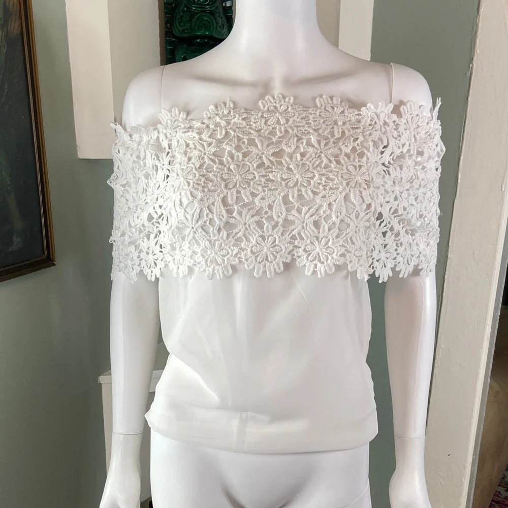 White Boho Bohemian Sheer Chiffon Floral Lace Off-Shoulder Blouse XSmall XS - Picture 2 of 8